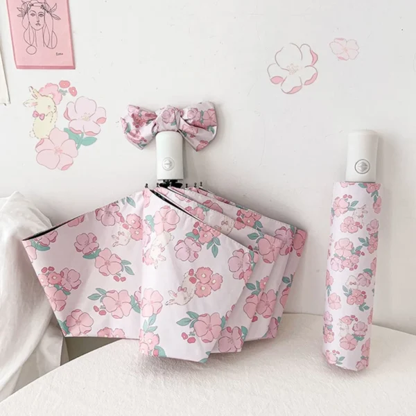 Cute Rose Rabbit Sun Umbrella – Automatic Folding UV Protection Mini Umbrella