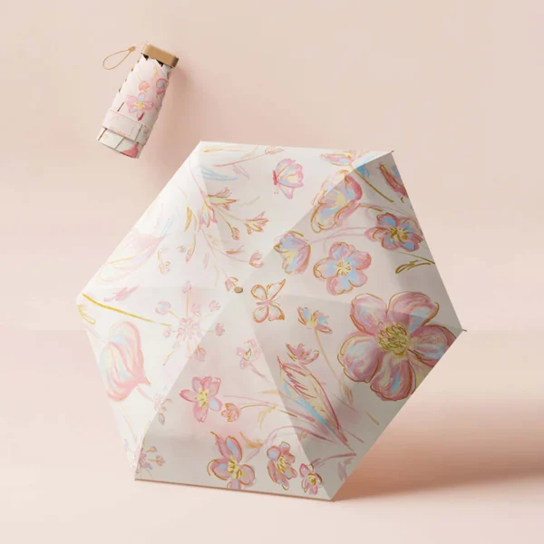 Small Pocket Sun & Rain Umbrella – Vinyl Folding Travel Parasol with UV Protection, Capsule Design, Flower Print