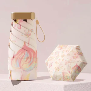 Small Pocket Sun & Rain Umbrella – Vinyl Folding Travel Parasol with UV Protection, Capsule Design, Flower Print