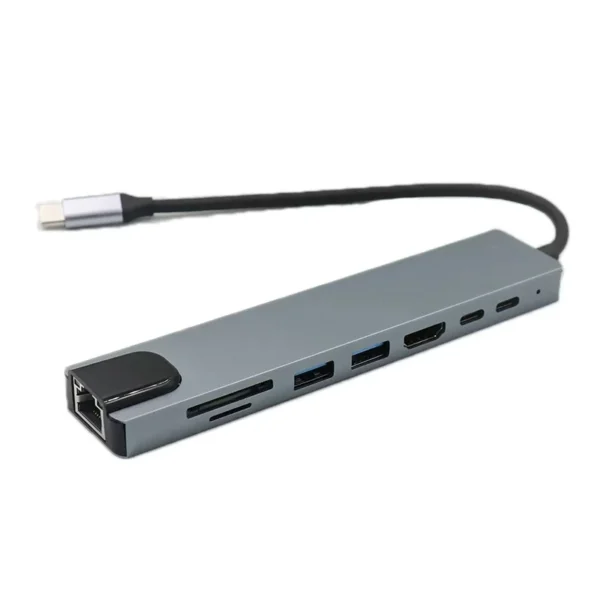 Type-C 8-in-1 Hub – USB-C to 4K HDMI Adapter with RJ45, SD/TF Card Reader & PD Fast Charging