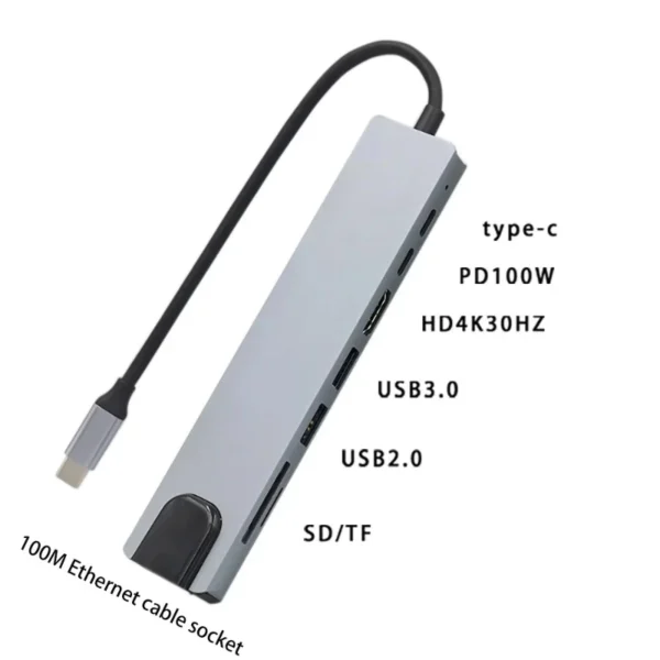 Type-C 8-in-1 Hub – USB-C to 4K HDMI Adapter with RJ45, SD/TF Card Reader & PD Fast Charging